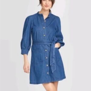 Who What Wear Blue Denim Button-Front Tie-Waist Mini Dress